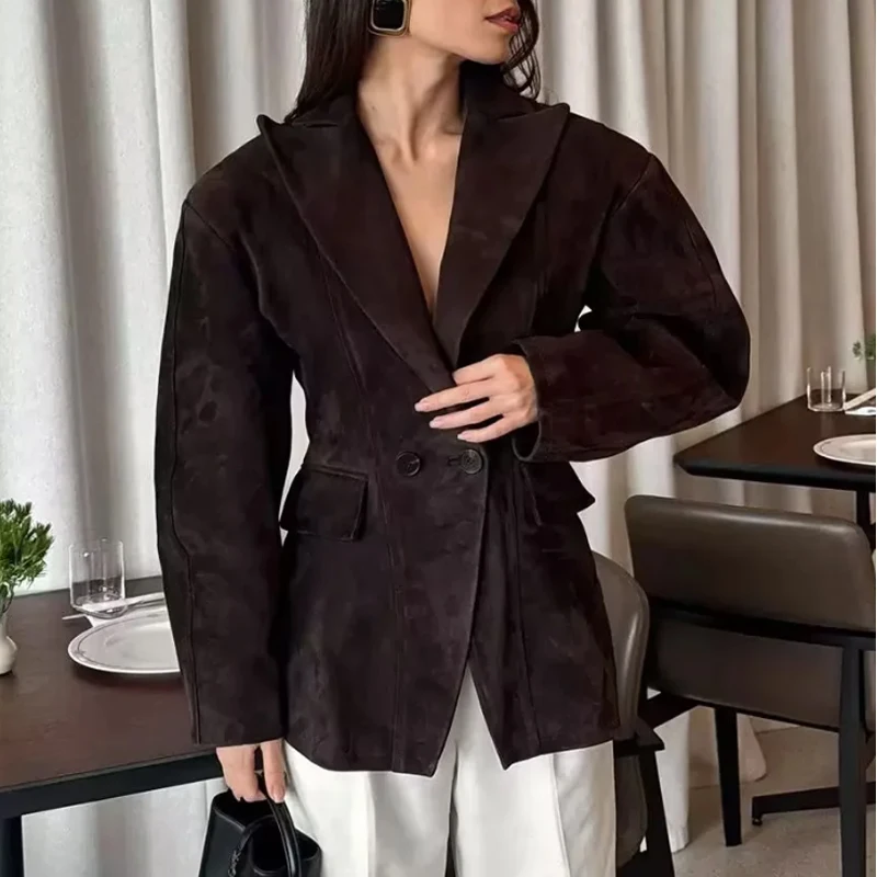 Brown Faux Suede Double Breasted Blazer Women Notched Lapel Slim Waist Flap Pocket 2026 Retro Fall Commuter  Outerwear Jacket