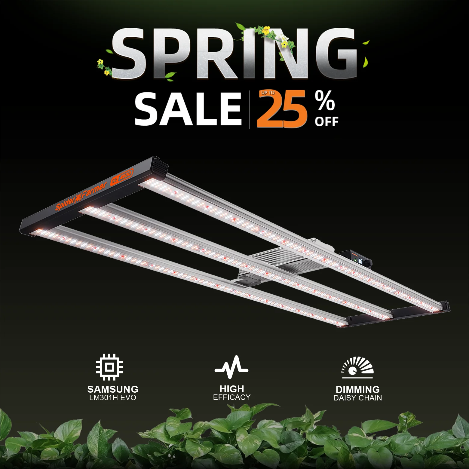 

Spider Farmer SE4500 320W Led Grow Light Dimmable High Efficacy for 2x2FT