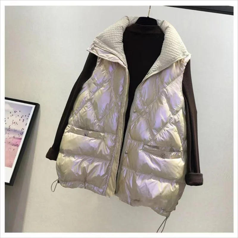 

Bright Face Short Women Cotton Vest Coat High Street Fashion Spliced Korean Thicken Jacket Female Winter Warm Sleeveless Coat