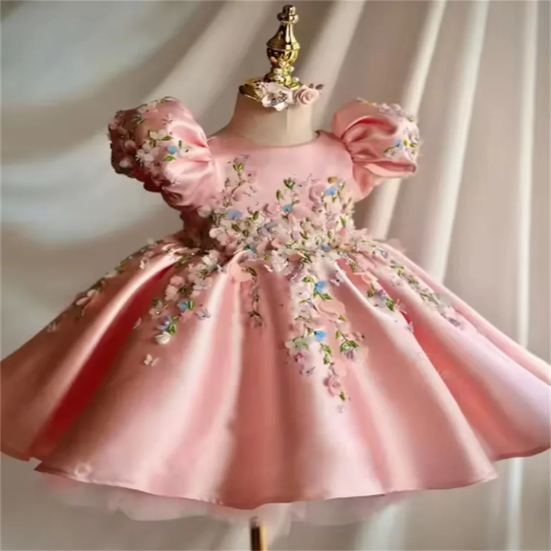Custom Pink Satin Puff Sleeve 3D Floral Embroidered Flower Girl Dress Wedding Gown for First Christmas Kids Party Outfit