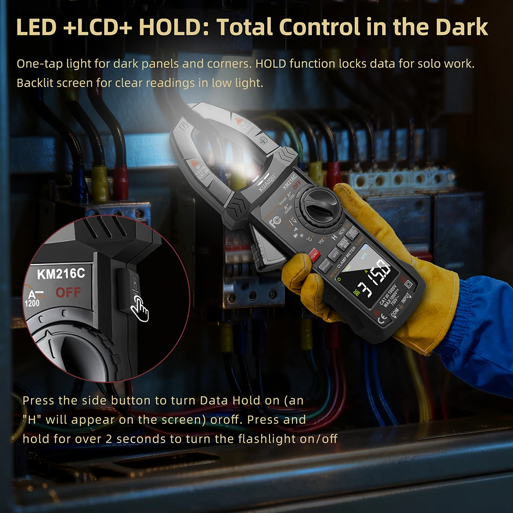 KUAIQU KM216C AC/DC-Current 1200A Clamp Meter 9999 Counts AC/DC-Voltage 750V/1000V Digital Multimeter Inrush/Temp/NCV/VFD/Loz/Hz