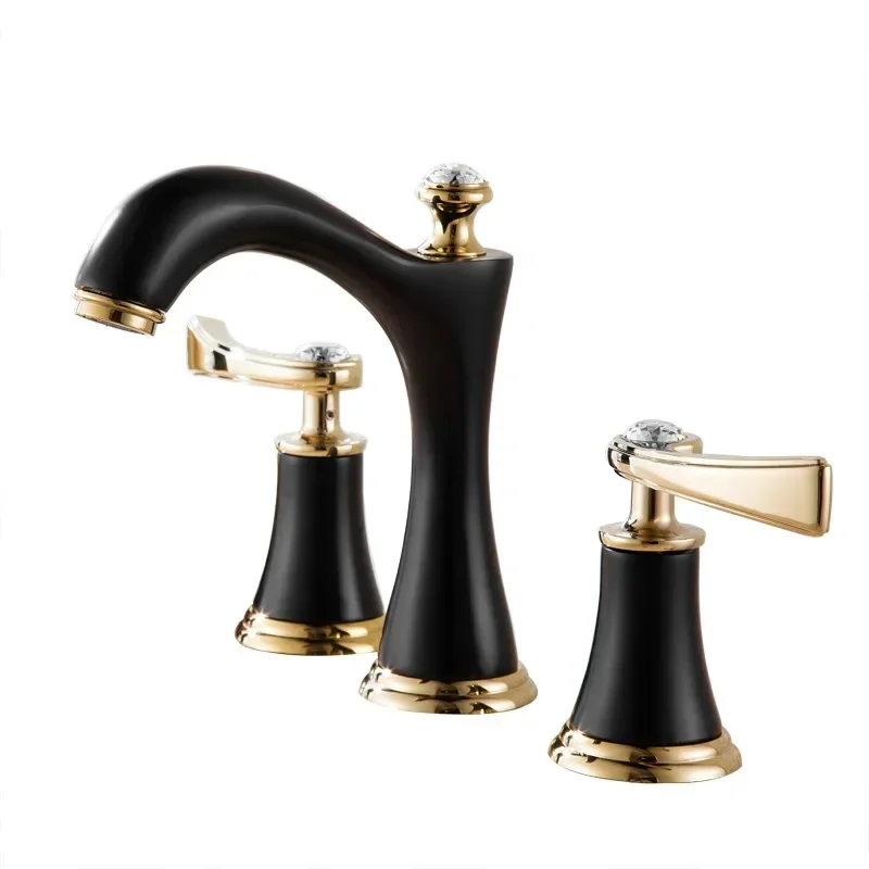 European three-hole 8-inch basin faucet, all-copper bathroom cabinet split faucet three-piece set, titanium hot and cold faucet