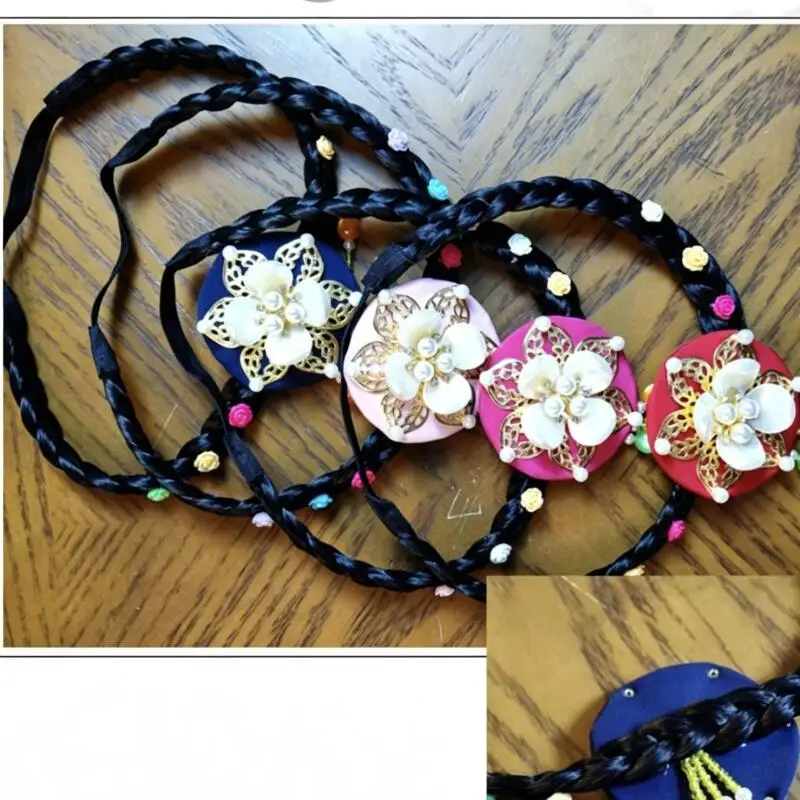 

Fashion Flower Hanbok Wig Headdress Pearl Tassel Korea Ethnic Style Hairband Beaded Headdress Stage Dance Hair Hoop Bride