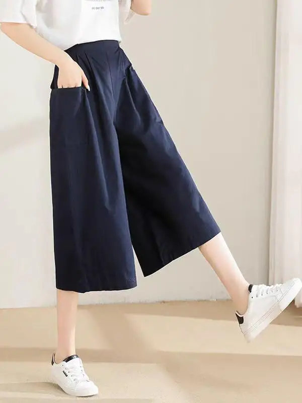 Pantalon d'été décontracté en coton à jambes larges pour femmes, en pur coton, coupe ample, taille haute, jambe droite