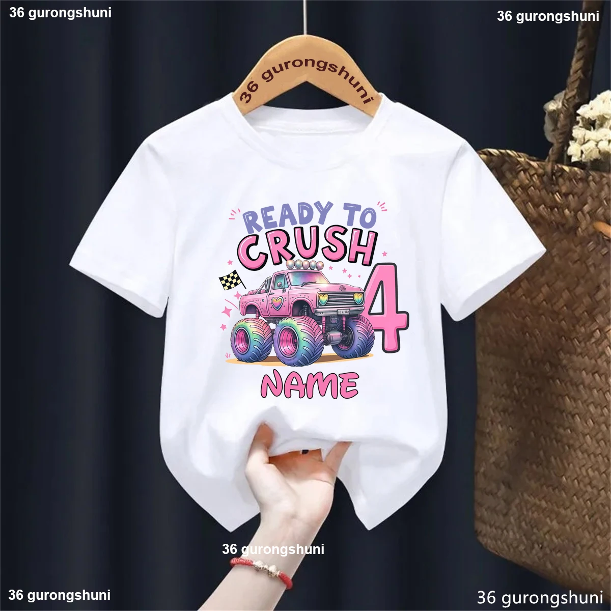 

Custom Name 4th Birthday Gift T Shirt Ready To Crush 4 Monster Truck Printed T Shirt Girls Kawaii Kids Clothes Summer Tops