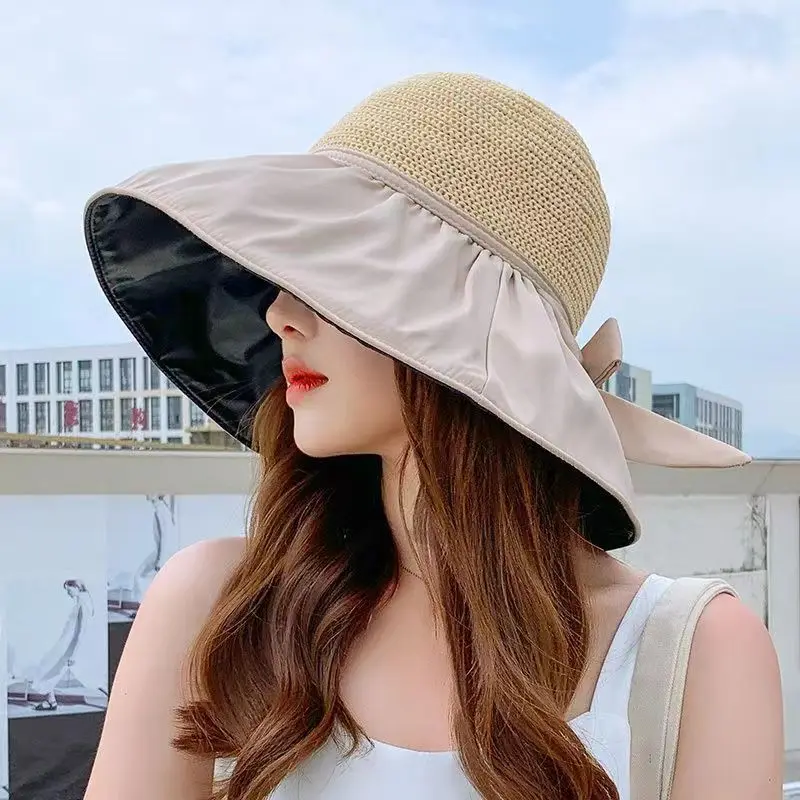 Sun Hat Women's Large Brim Double Layer Fabric Breathable Soft Skin Absorbent Sweat Outdoor Block UV Can fold Bow Dame Style