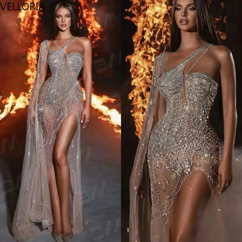 

Sexy One Shoulder Crystal Evening Dresses Illusion Beaded Lace Prom Dress Customized High Side Slit Party Gown Customized