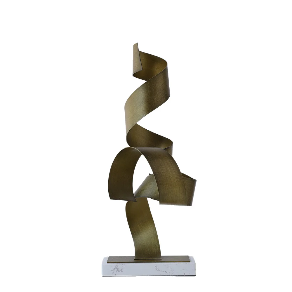 Creative Marble Base Metal Ribbon Twist Statue - Geometry Crafts Sculpture Ornaments for Home Room Table Desk Aesthetics