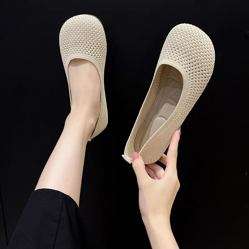 Women Shoes Large Size Spring Summer 2024 New Knitted Large Toe Flat Shoes Simple Solid Breathable Soft Sole Outdoor Zapatos