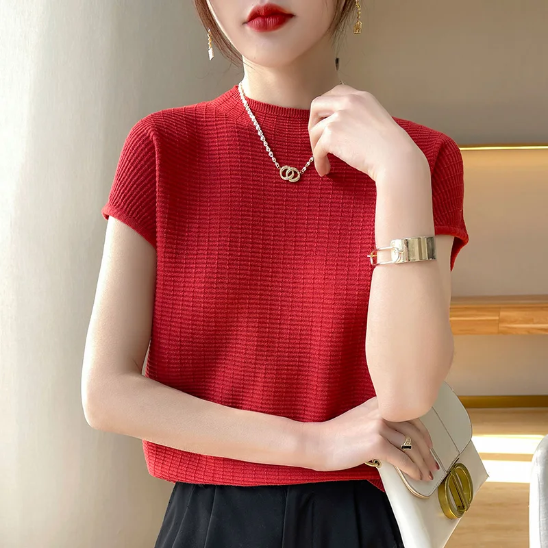 Loose Knitted f-High Collar ort Sve T-irt Women Summer Thin Vest Top White Base Layer Commute Sle Regular Fit