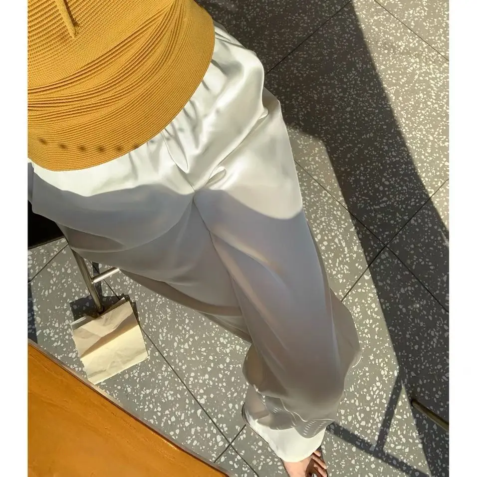 Summer Ice Silk Wide Sunscreen Pants Women Loose Ice Silk Casual Straight Straight Mopping High Waist Satin Drape Acetic Acid