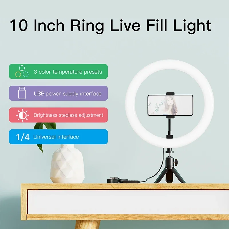 10 inch LED Ring light Photography Lighting Phone Ringlight With Tripod Stand USB Round Fill Lamp for Youtube TikTok Video Live