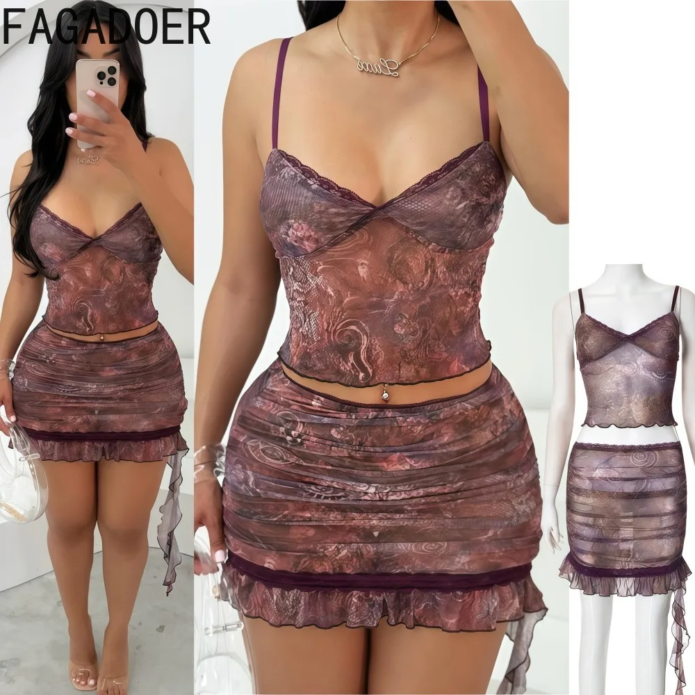

FAGADOER сексуальные коричневые наряды из двух предметов с принтом, женские прозрачные укороченные топы на тонких бретельках + юбка с оборками, одинаковая уличная одежда, новинка