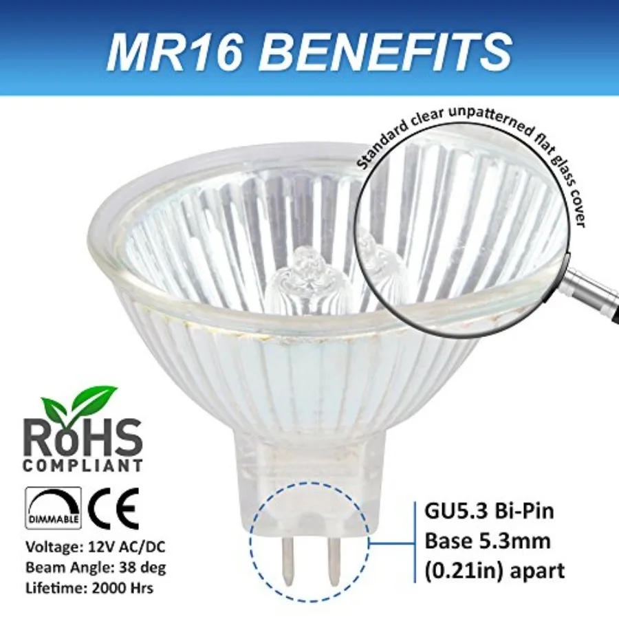 Halogen MR16 20W 12V Light Bulbs 10 Pack for Landscape, Track Lights, Fiber Optics, Desk Lamps, BAB C Spotlights with Glass Cov