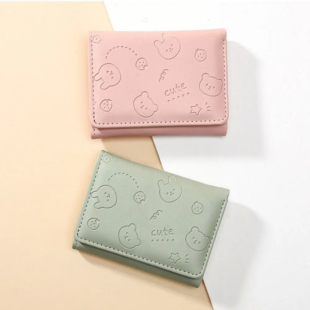 Cute Printing Korean Style Wallet Three-fold PU Leather Small Wallet Solid Color Money Case Short Coin Purse Credit ID Card