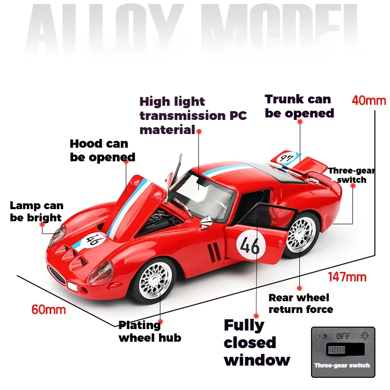 1:32 250 GTO Super Sports Car Alloy Diecast Model Car Metal Light And Sound Pull Back Collectibles Hobby Holiday Present Friend