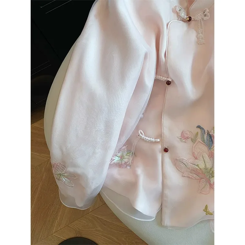 Chinesischen Stil frauen Blusen Stickerei Vintage Tops Mode Lose Sommer Kleidung Lange Ärmeln Chiffon frauen Shirts