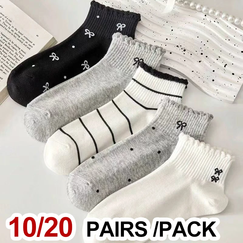 

10/20 Pairs Women Bow Print Mid Tube Socks Spring Summer Sweat Absorbing Breathable Comfortable All-Season Sports Socks