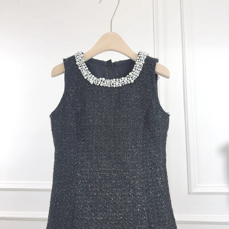 Women Fragrance Black Round Neck Pearl Collar Sleeveless Tweed Dress Fashion Sweet Vintage French Wedding Party Short Dress