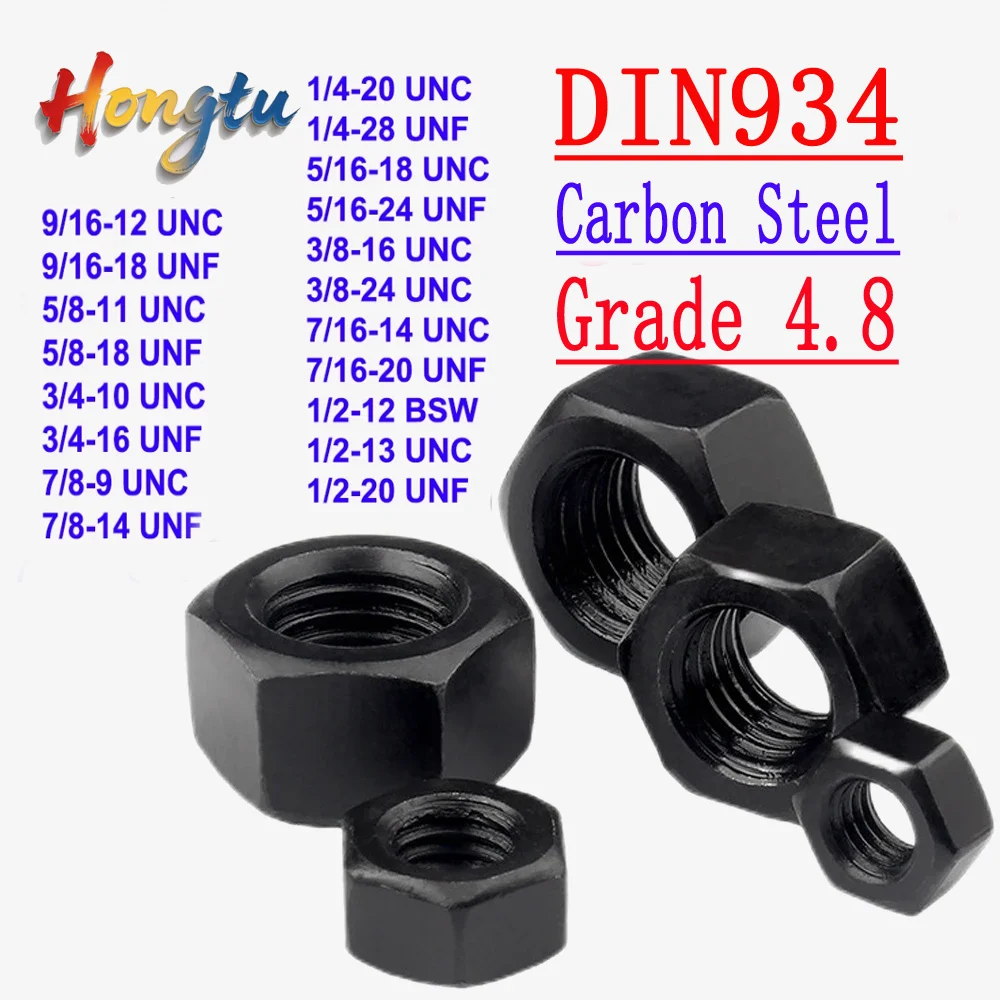 

Hongtu DIN934 GB6170 Шестигранные гайки — углеродистая сталь класса 4,8 (оксид черного цвета), размер 1/4-7/8 дюйма, резьба UNC UNF BSW