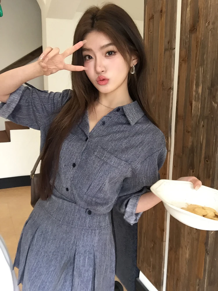 2025 mode coréenne Jean Legging 2 pièces ensemble femmes simple boutonnage conception hauts + Mini jupe plissée décontracté doux bureau dame costumes