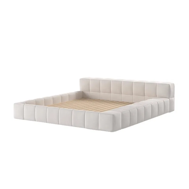 

Fabric bed Modern simple double bed French cream wind sugar cube bed Bedroom wabi sabi solid wood master bedroom checkered bed