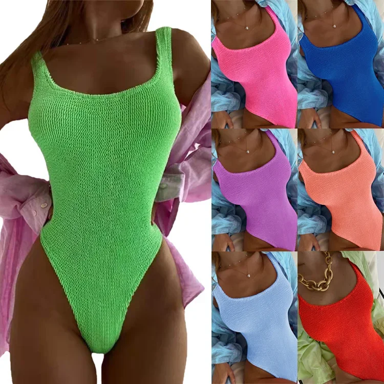 New Sexy Ribbed Wrinkled Crinkled One-piece Bikini Female Swimsuit Women Push Up Bra Swimwear