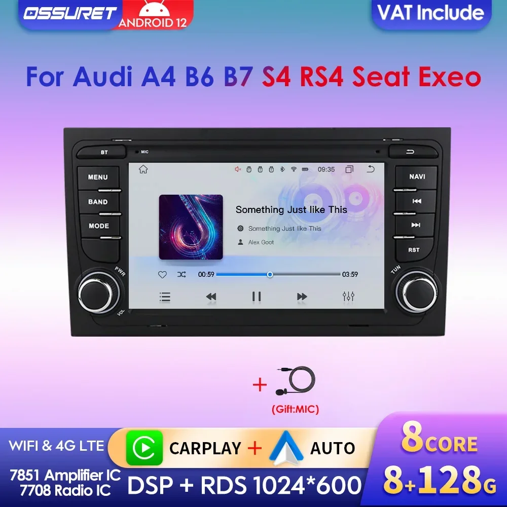 8G+128G 8 CORE CarPlay 2 DIN Android 12 Car Radio Multimedia for Audi A4 B6 S4 B7 RS4 SEAT Exeo AI Voice RDS DSP GPS Autostereo