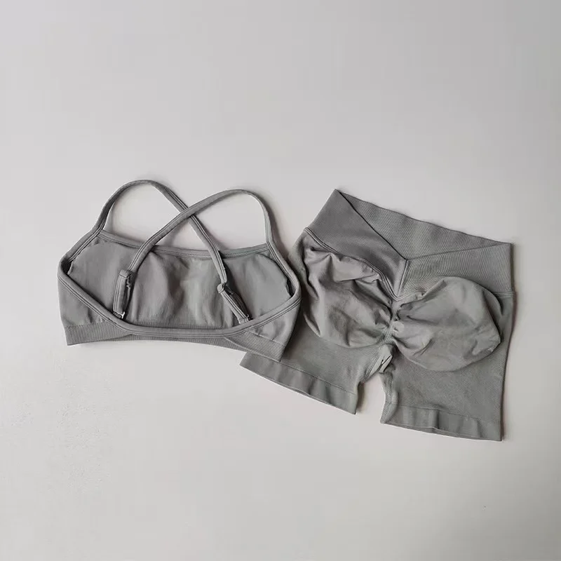 Sexy Neckholder-Sport-BH mit schönem Rücken, hoher Taille, pfirsichfarben, Shorts-Anzug, Pilates, Yoga-Weste, Trainings-Fitness-BH-Set – Detail 11