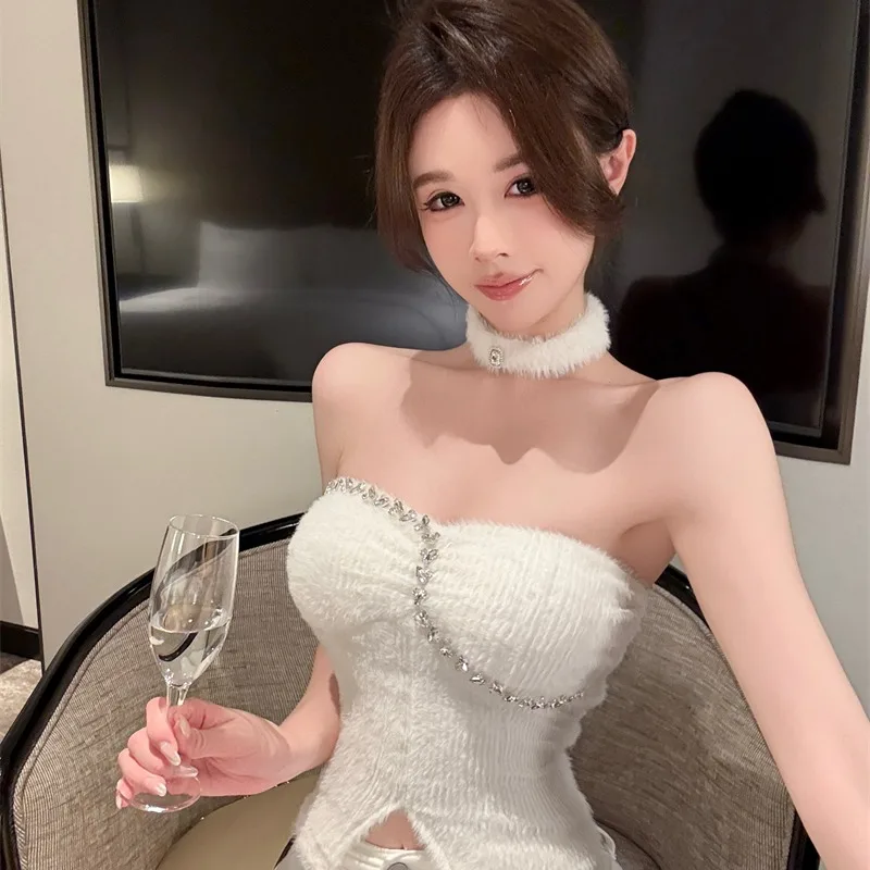 Pure Desire Atmosphere Sensual Mink Sexy Inner Wear Heavy Embellished Diamond Strapless Vest New Autumn Winter Women's Fashion