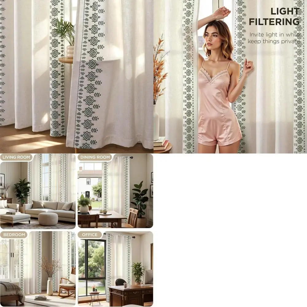 

96 длинных льняных штор в богемном стиле, набор из 2 панелей для гостиной/спальни, фильтрация света с карманом на задней панели