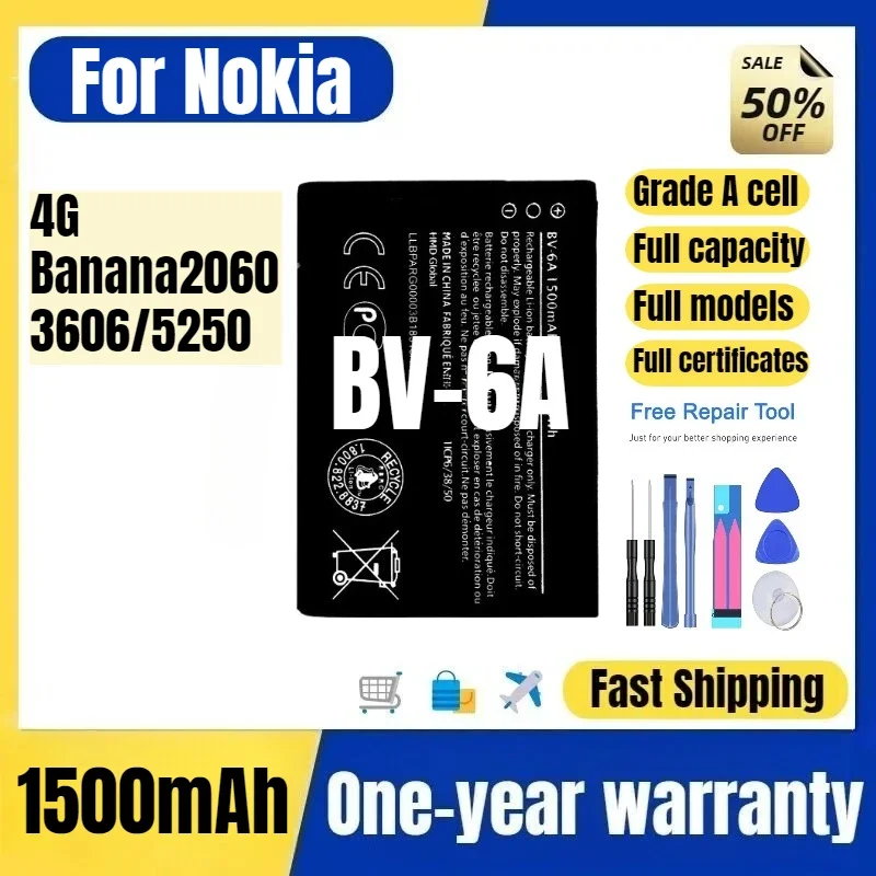 BV-6A for Nokia 4G/Banana2060/3606/5250 Phone Battery High Quality High Capacity Replacement Bateria Grade A Cell with Tools