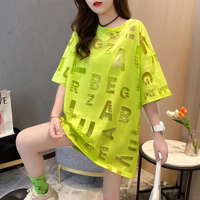 # 0177 Neonowy żółty różowy T-Shirt damski z krótkim rękawem z literami Hollow Out T-Shirt damski cienki luźny Harajuku Streetwear T-shirt Sexy