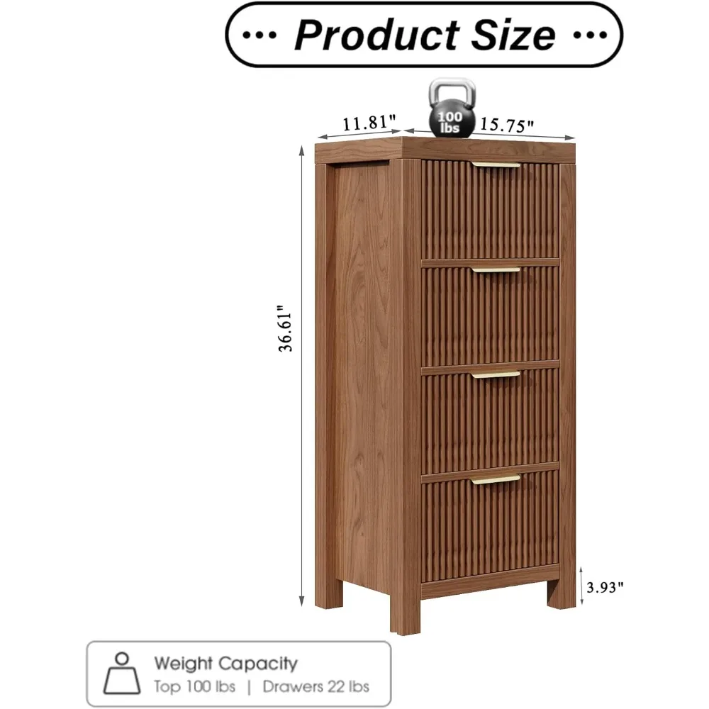 미드 센추리 모던 스타일의 높은 나무 서랍장(4개의 넓은 서랍), 현관 수납장(매끄러운 금속 손잡이), 침실 옷장