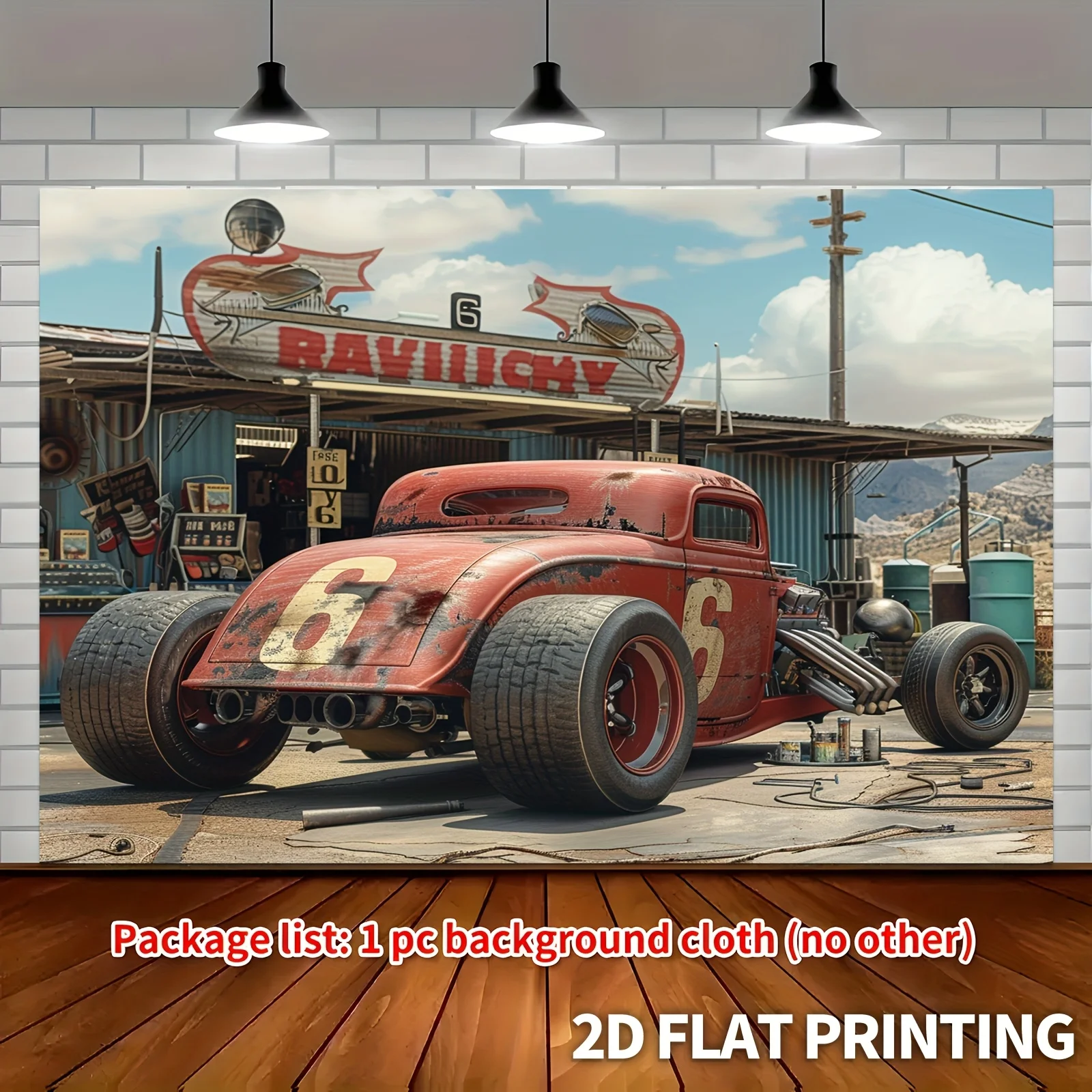 1 vintage hot car racing and desert gas station background - country garage-themed party banner, car decoration