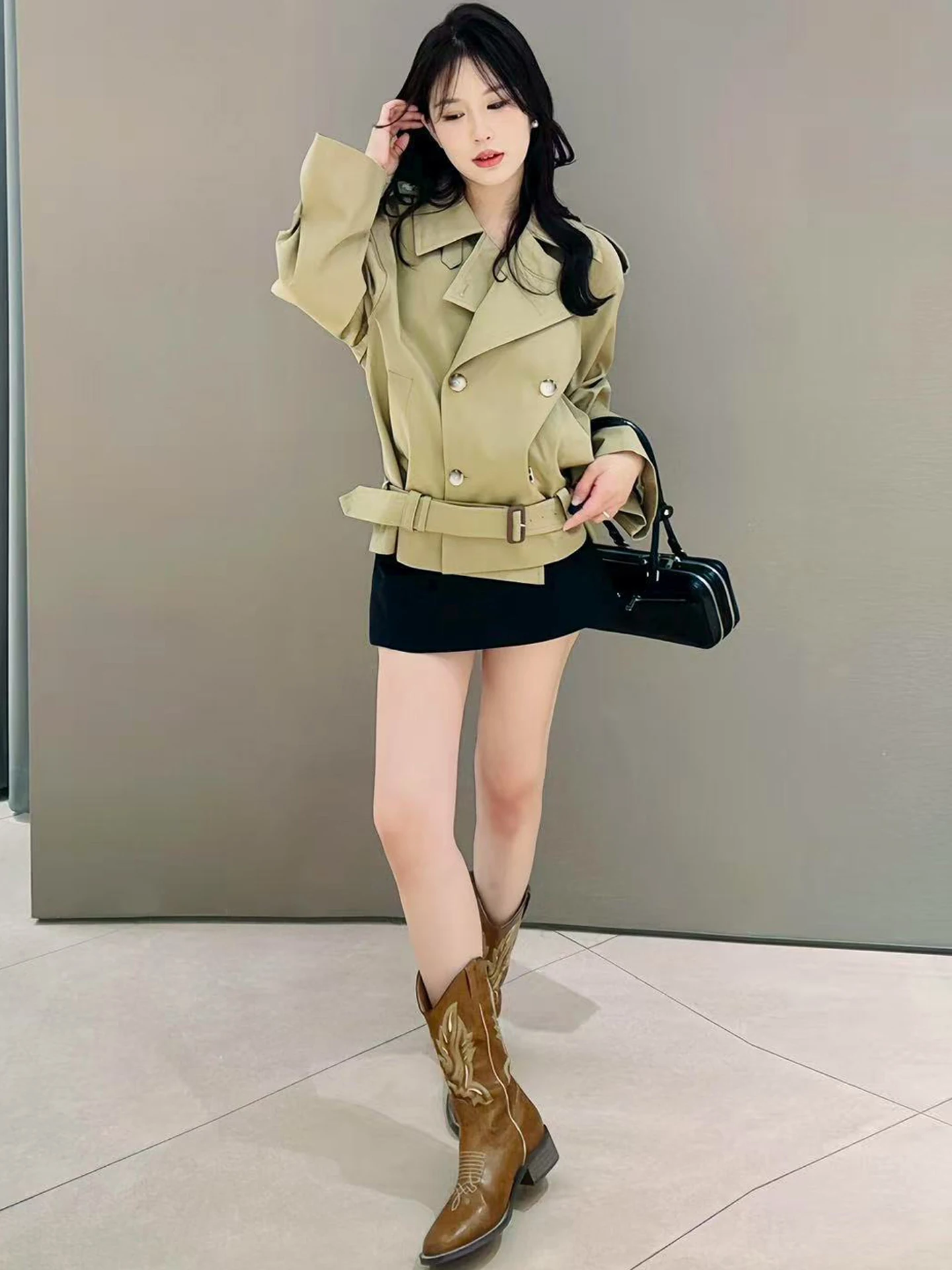 여성 더블 브레스티드 트렌치 코트 2025 가을 워크웨어 스타일 솔리드 컬러 패션 재킷 코트 여성