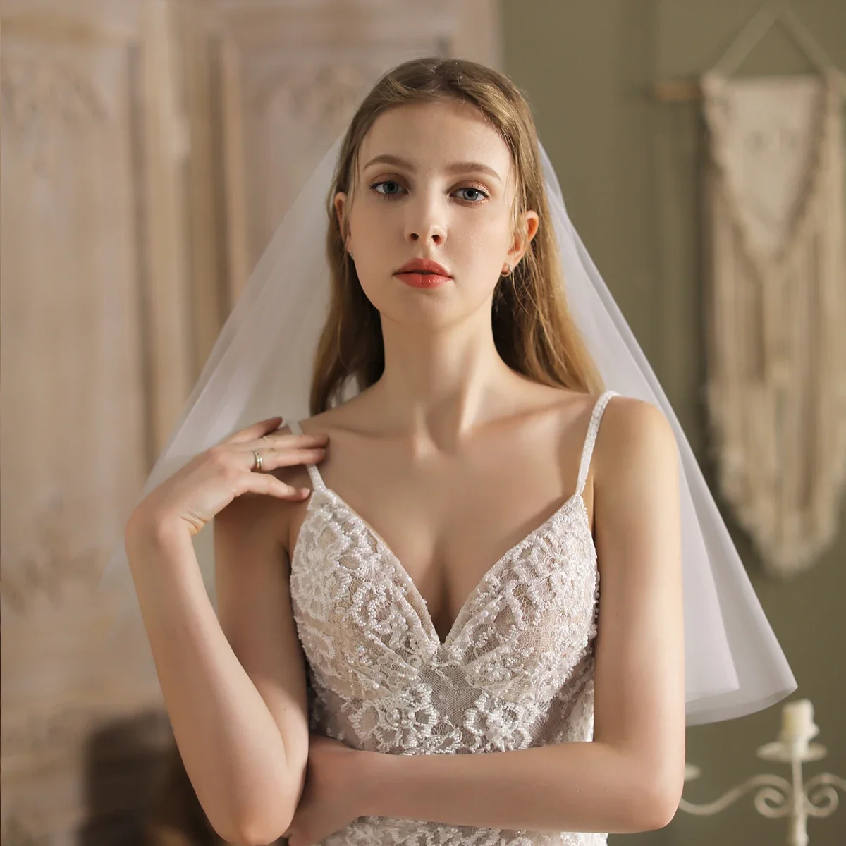 Voile de mariage court en tulle doux blanc à deux couches pour patients, fait à la main, coiffure de mariée avec peigne à cheveux, V813