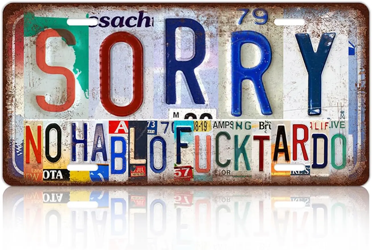 Vintage License Plate Wall Decor Metal Tin Sign for Bar Home Bedroom 12 x 6 Inches - Sorry No Hablo Fucktardo