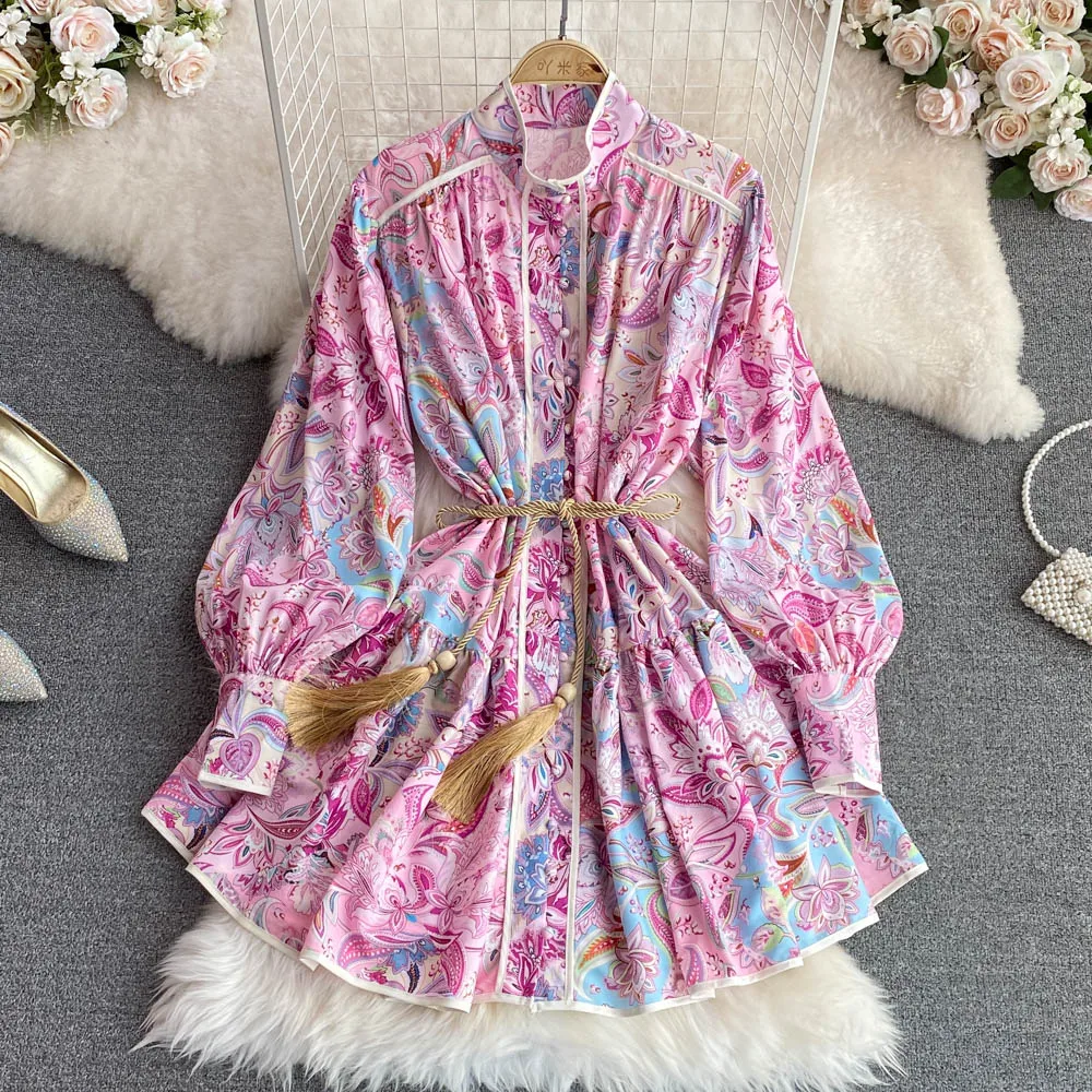 Spring and Summer New Vintage Stand Collar Single-Breasted Printed A- line Large Hem Beach Dress Dresses for Women