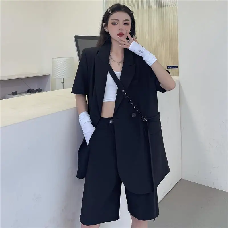 Summer Fashion Two Piece Suit Women New Loose Short Sleeve Blazers + Casual High Waist Shorts Woman Sets