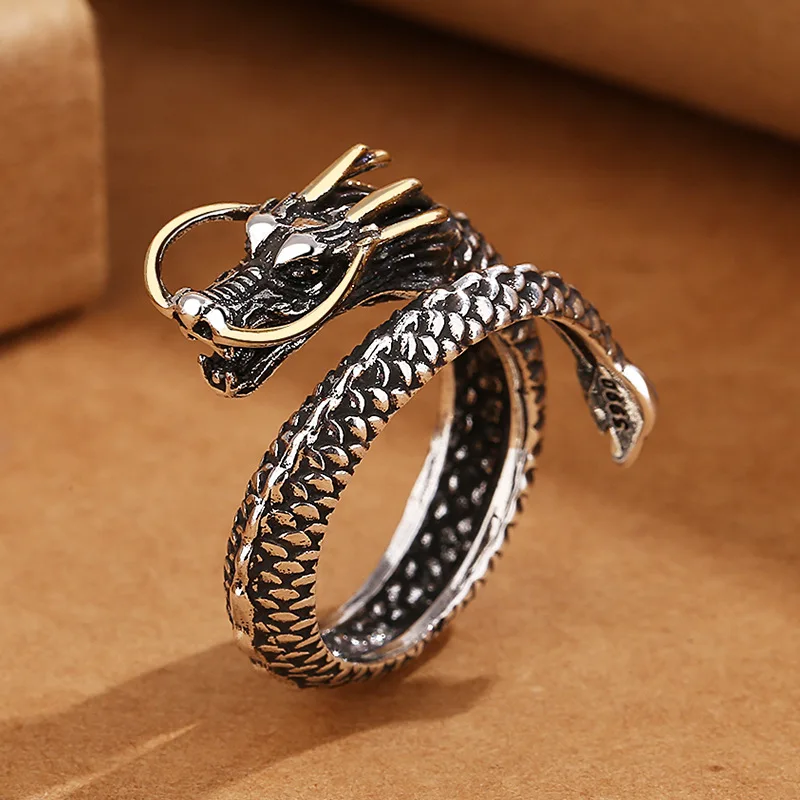 New Style Two-tonecolor Retro Ethnic Totem Auspicious Beast Chinese Dragon Open Ring for Men Hip HopFashion Jewelry Accessories