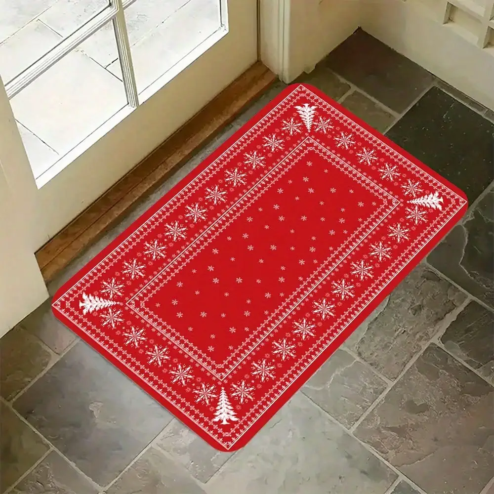 1pc Red Background With White Snowflake And Pine Branch Border Doormat, Washable Polyester, Non-Slip Rubber Backing, Soft And Slip-Resistant, Suitable