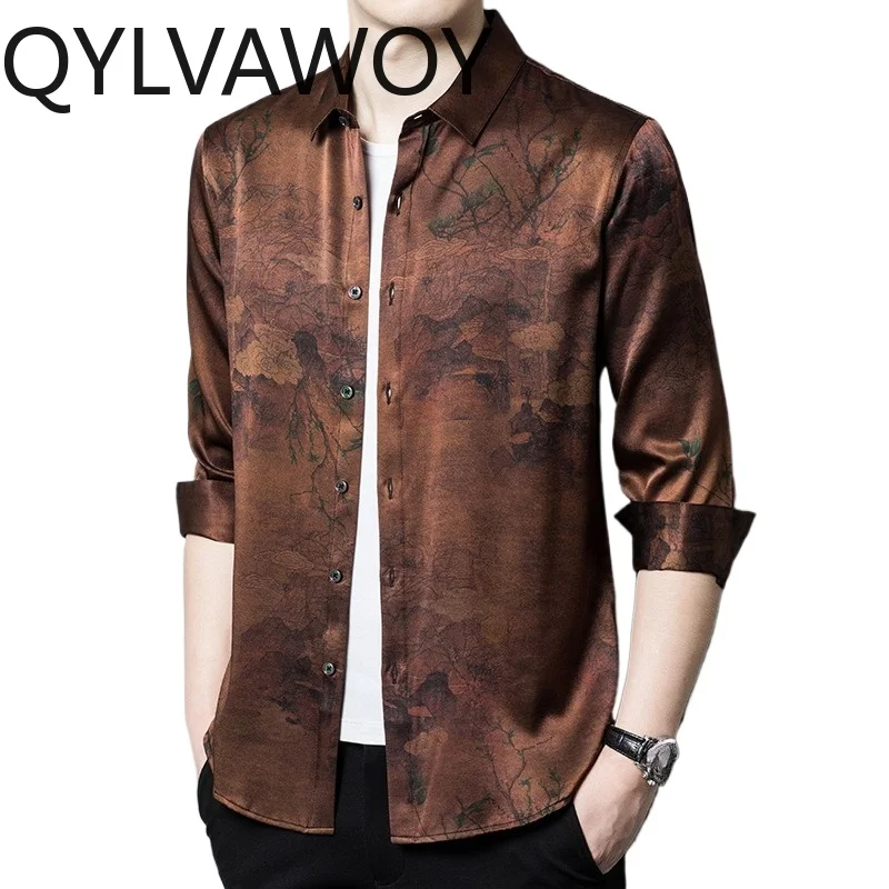 

QYLVAWOY 90.8% Real Mulberry Silk Men's Shirts Xiangyunsha Shirts High-end Tops Long Sleeves Shirts for Men Menswear Clothing