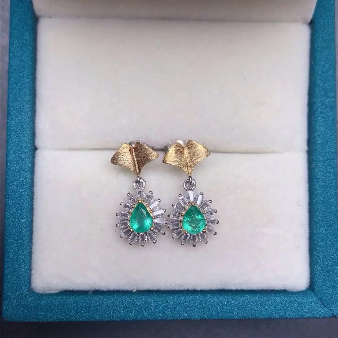 Luxury Sterling Silver Emerald Earrings for Wedding 4mm*5mm Total 1.0ct Natural Emerald Silver Earrings with 18K Gold Plated