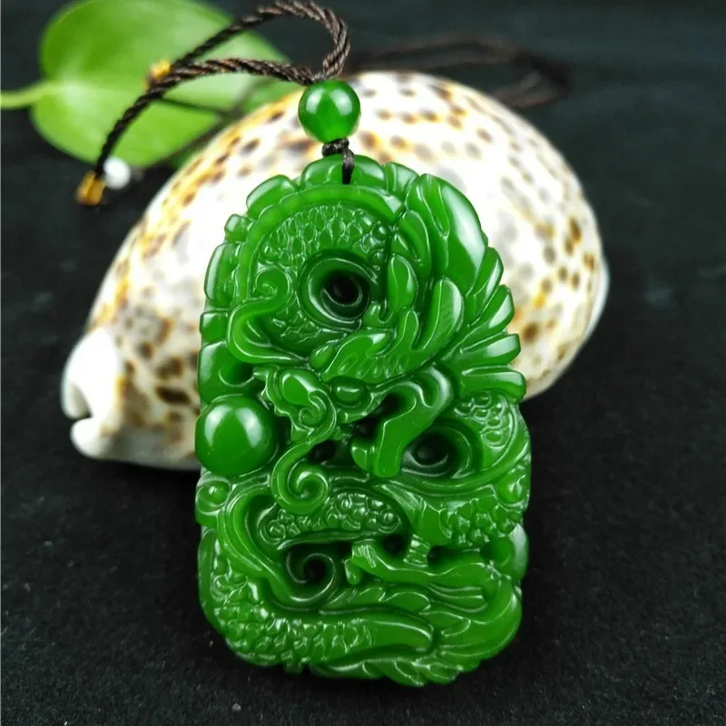 Natural Green Hetian Carved Jade Stone Dragon Pendant Necklace Chinese Jadeite Jewelry Charm Reiki Amulet Gifts for Women Men