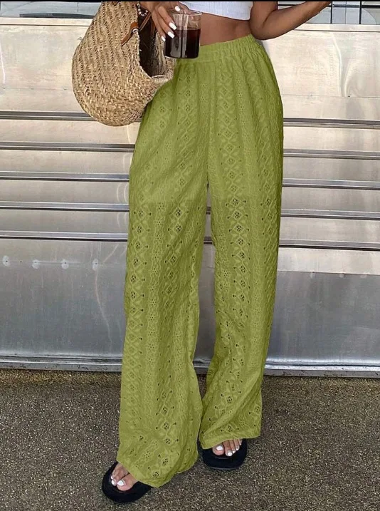 Women's Solid Color Eyelet Wide Leg Pants Elastic High Waist Loose Baggy Fit Pants Boho Casual Beach & Summer Vacation Outfit