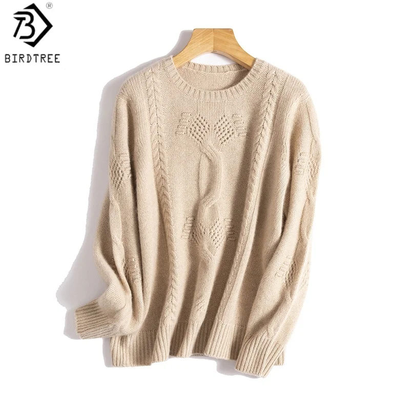 Birdtree, 100% Cashmere Thicken Sweater, Long Sleeve Soft Top, Women's Knitted O-neck Warmth Pullover, 2026 Winter New T69709JF