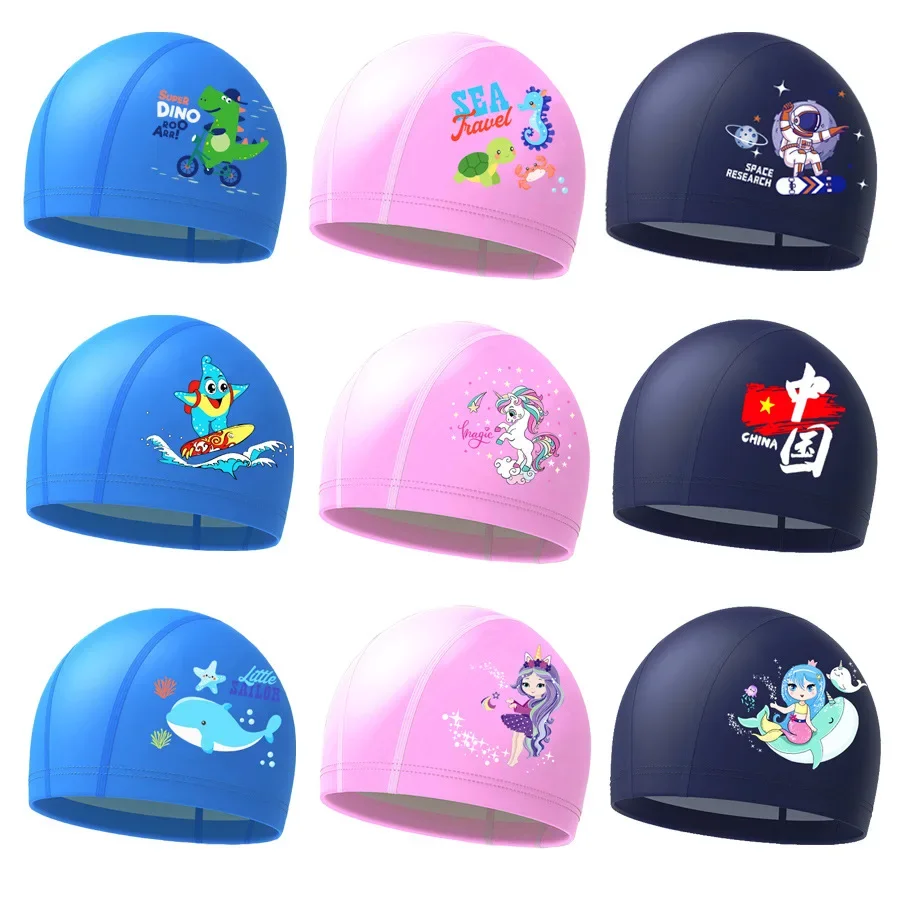 Gorro de natación de PU para niños y niñas, gorro de natación recubierto con estampado de dibujos animados, Protector de oreja impermeable