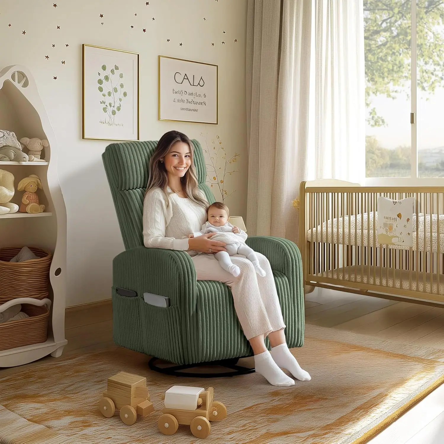 360 ° كرسي SwivelGliderChair NurseryRockingChair كرسي التمريض جيوب جانبية سروال قصير لغرفة المعيشة عالي الظهر أخضر داكن