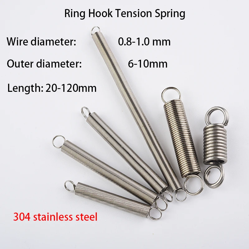 304 Stainless Steel Stretch Tension Spring, Double Loop Closed Hook, Wire 0.8/1mm, Outer Dia 6/8/10mm, Length 20-120mm